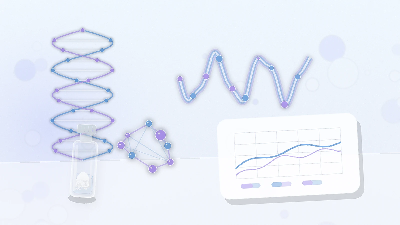 a DNA helix, abstract protein ribbon, blank data card, and unbranded vial representing CJC-1295 growth hormone secretion research context