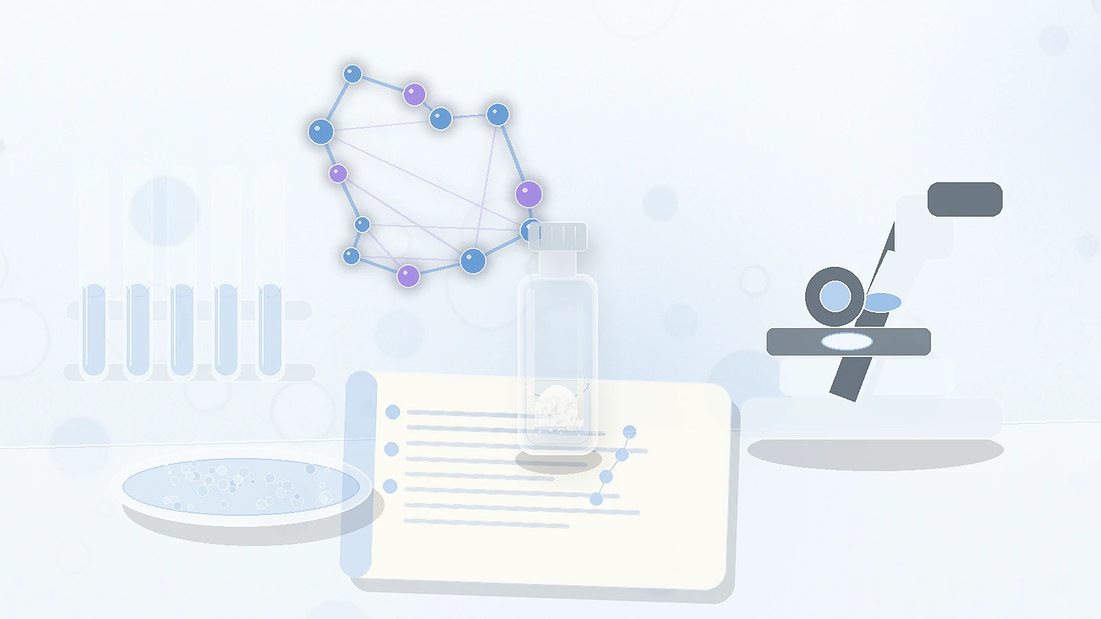 an unbranded research vial with a microscope, petri dish, test tubes, and abstract molecules representing the CJC-1295 overview section in the review article
