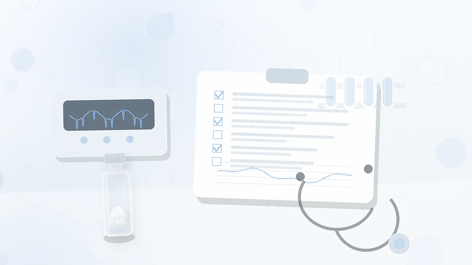 a blank safety checklist, generic monitoring device, stethoscope, test tubes, and unbranded vial representing CJC-1295 safety context in the review