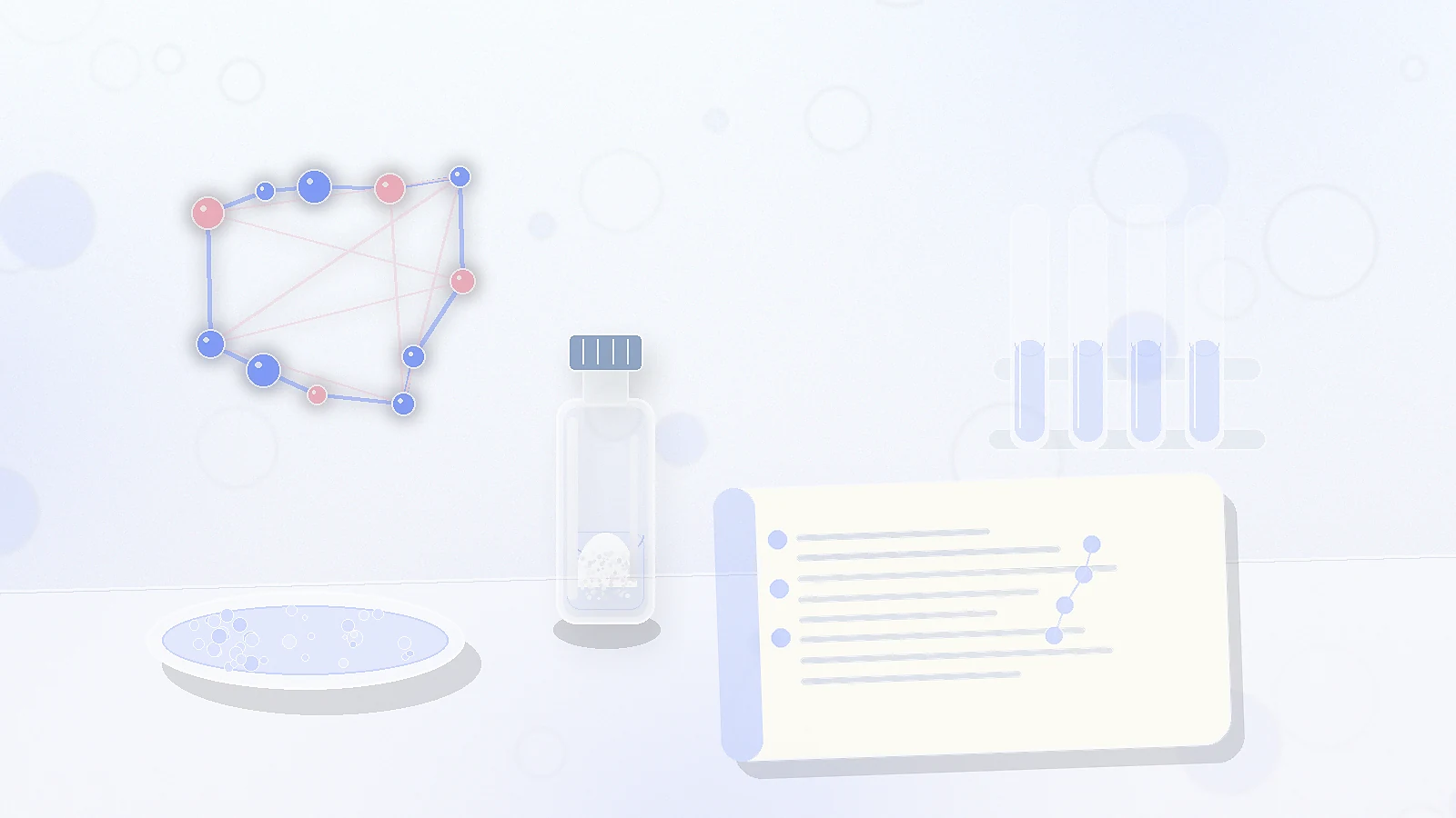an unbranded research vial with molecular models, lab notes, petri dish, and test tubes representing the Dihexa overview section of the review article