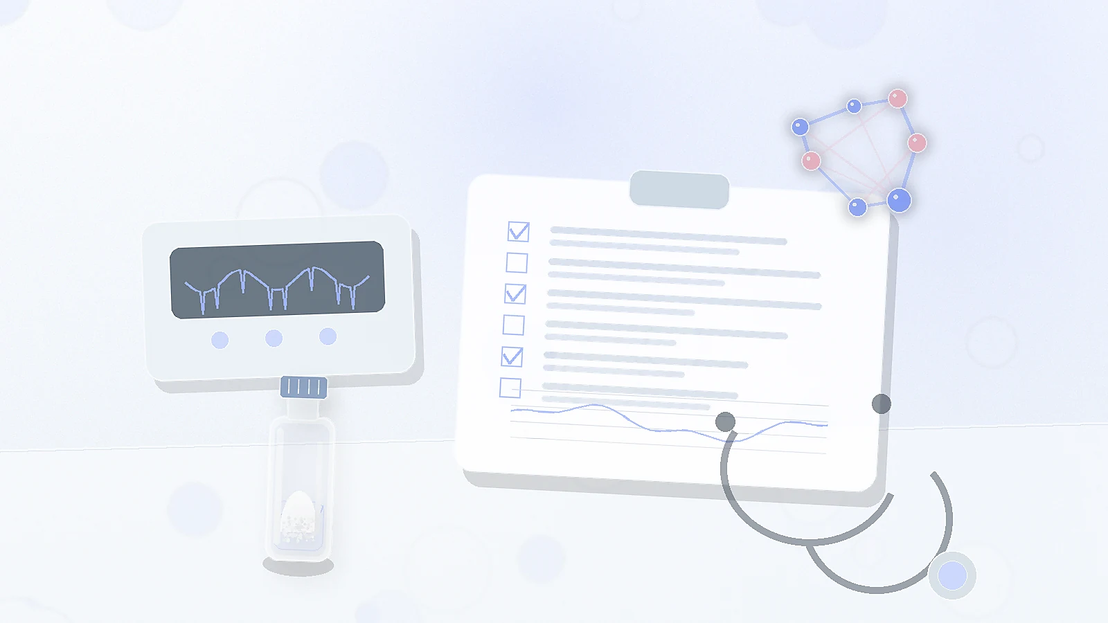 a blank safety checklist, generic monitor, stethoscope, molecular model, and unbranded vial representing Dihexa safety context in the review article