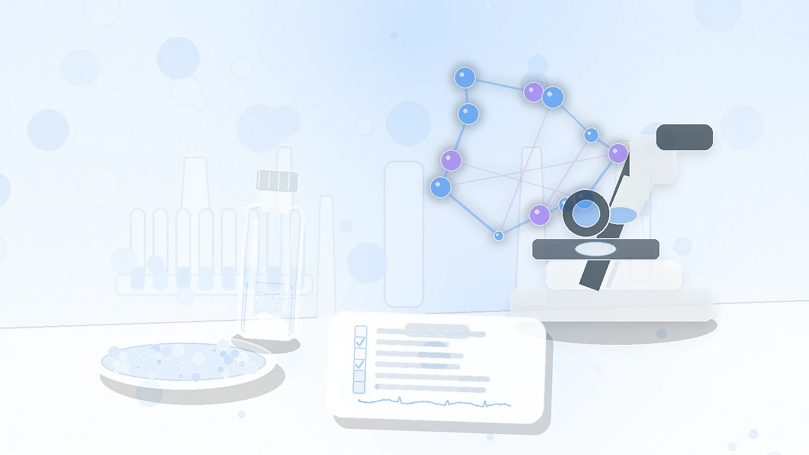 a calm laboratory bench with an unbranded research vial, microscope, petri dish, and abstract molecule shapes representing DSIP research overview in the review article