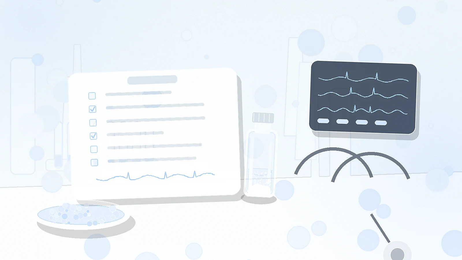 a clinical monitoring desk with a blank checklist, stethoscope, waveform monitor, petri dish, and unbranded vial representing DSIP safety context in the review