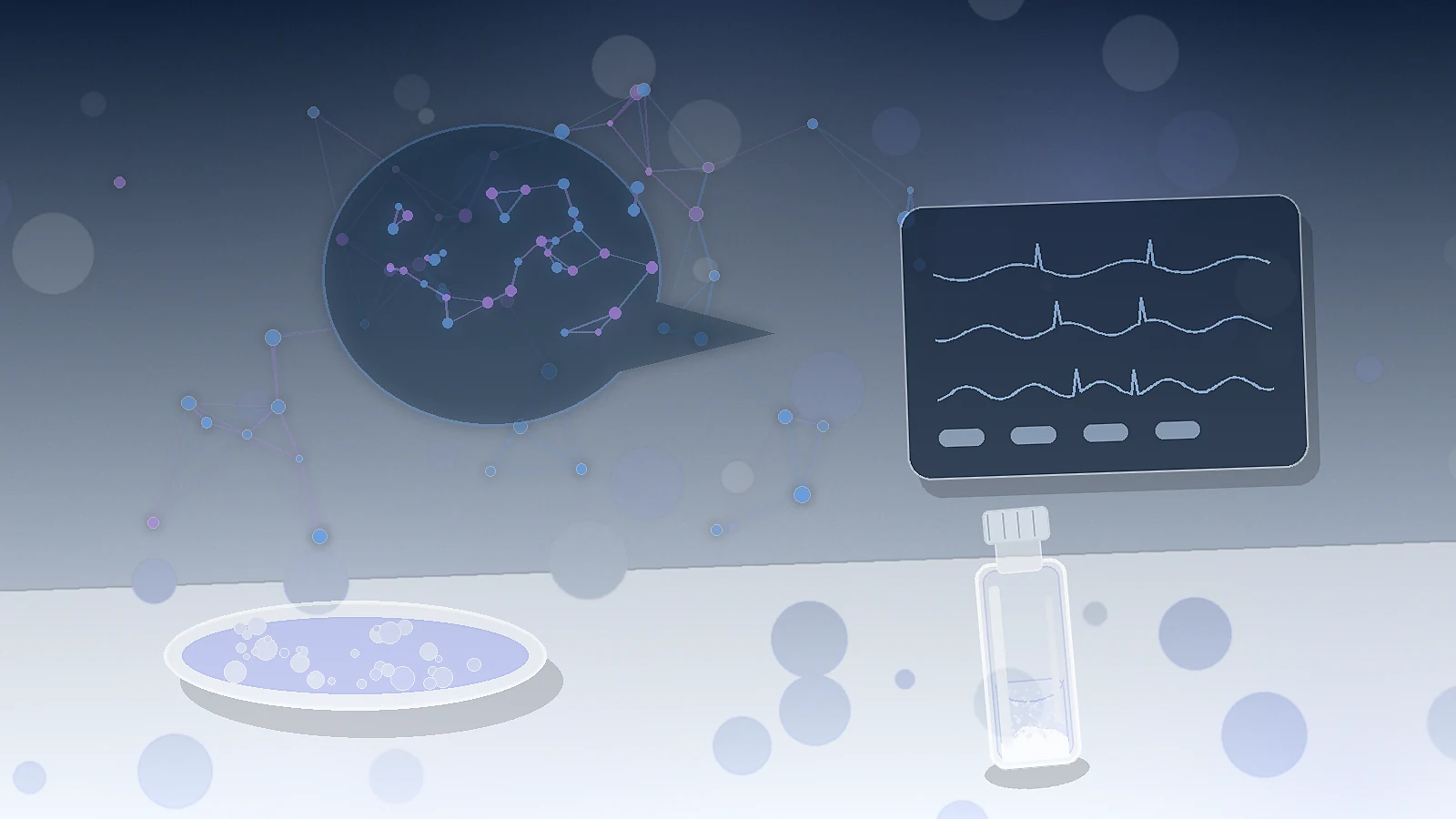 an abstract brain network, waveform monitor, petri dish, and unbranded vial representing DSIP sleep research context without showing treatment or dosing