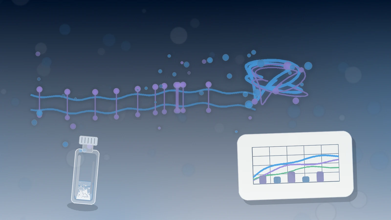 an abstract cell membrane, protein ribbon, blank data chart, and unbranded vial representing hexarelin growth hormone release mechanism context