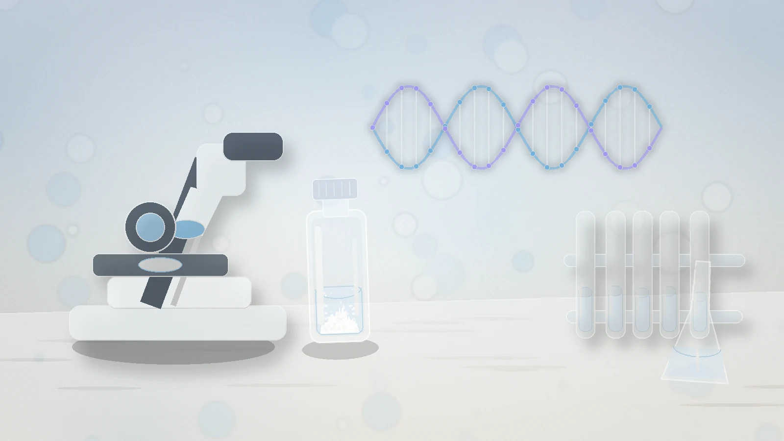 an unbranded research vial beside a microscope, test tubes, flask, and abstract DNA helix representing hexarelin research overview context