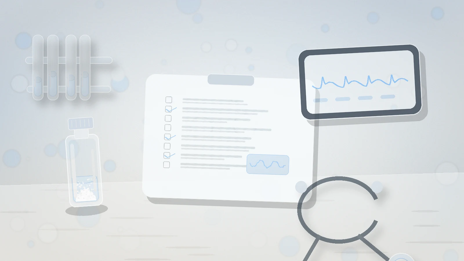 a blank clinical monitoring checklist, tablet waveform, stethoscope, test tubes, and unbranded vial representing hexarelin safety context