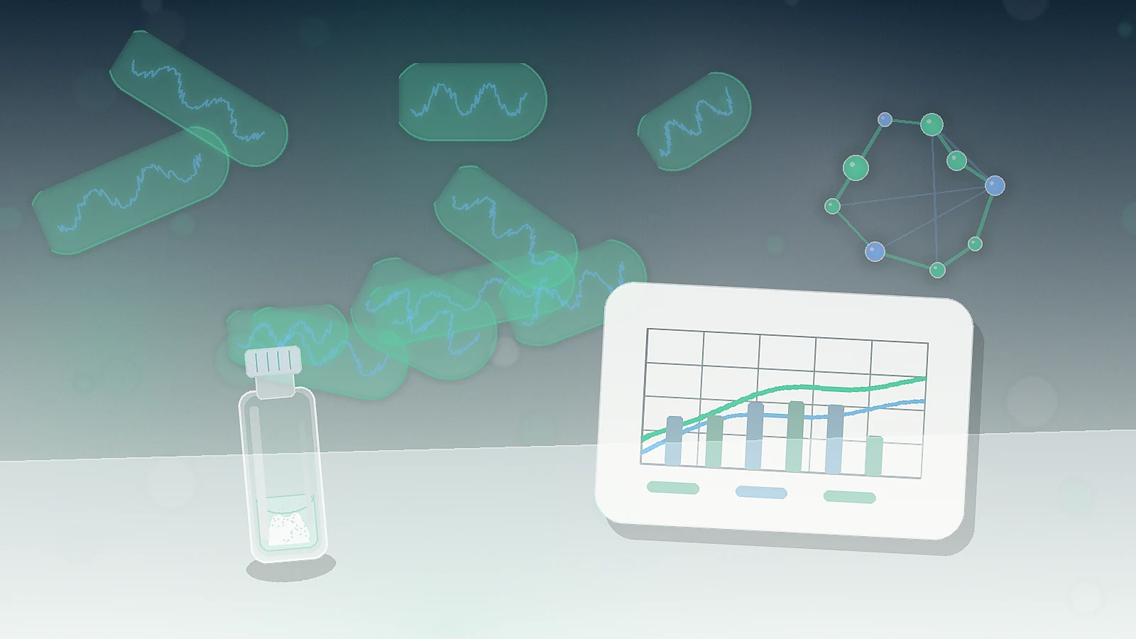 abstract mitochondria, a blank data chart, molecular shapes, and unbranded vial representing Humanin mitochondrial biology context