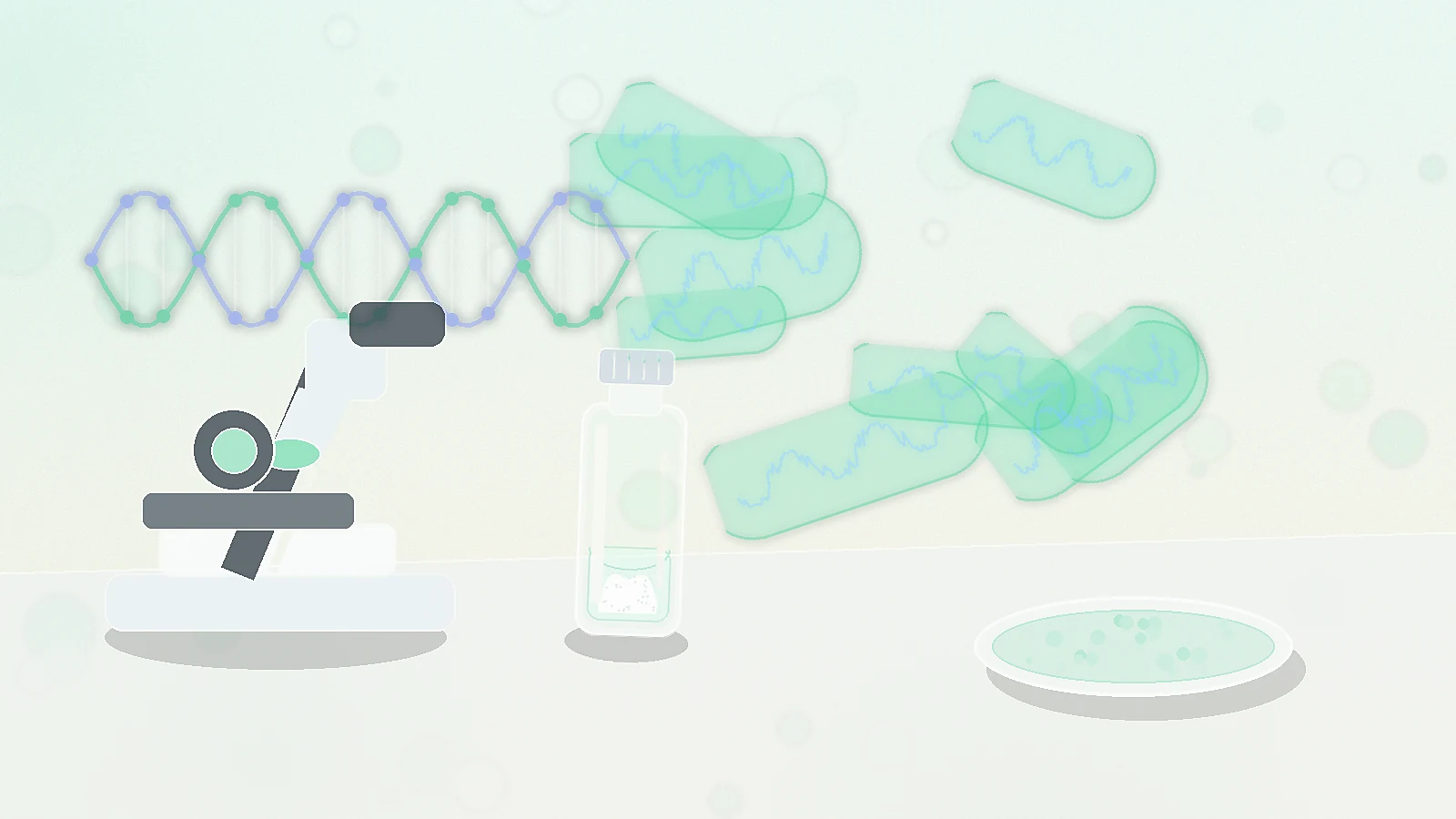 an unbranded research vial, microscope, petri dish, DNA strand, and abstract mitochondrial shapes representing the Humanin review overview