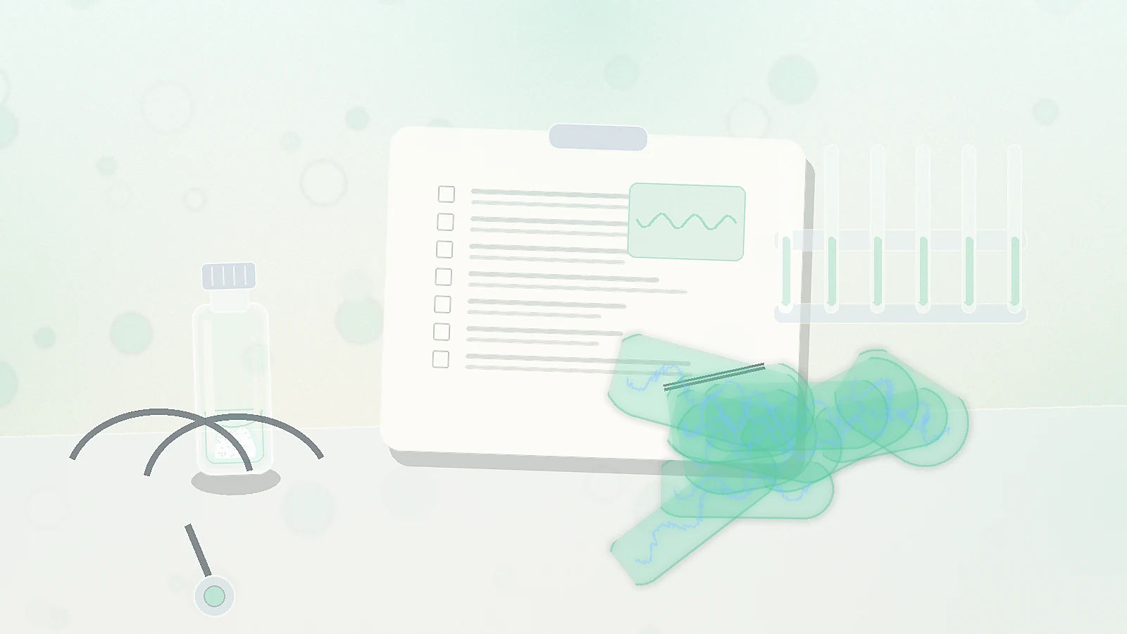 a clinical workspace with an unbranded Humanin-style vial, blank monitoring checklist, test tubes, and stethoscope representing Humanin safety context