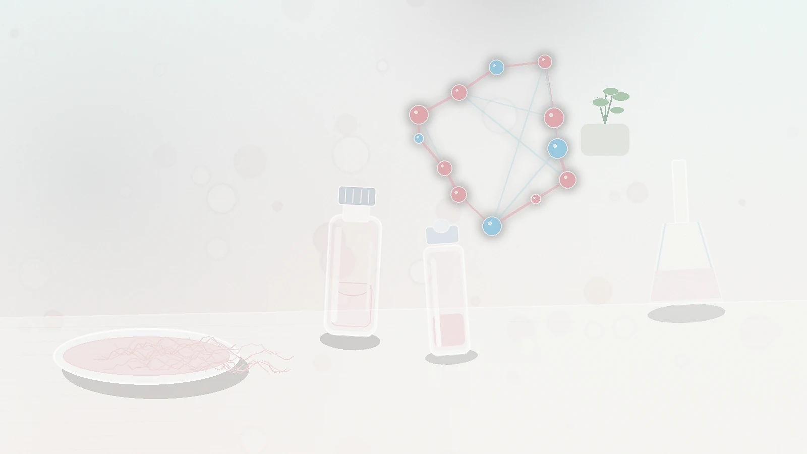 an unbranded vial and dropper bottle with petri dish, glassware, plant detail, and abstract molecule shapes representing the Matrixyl research overview section