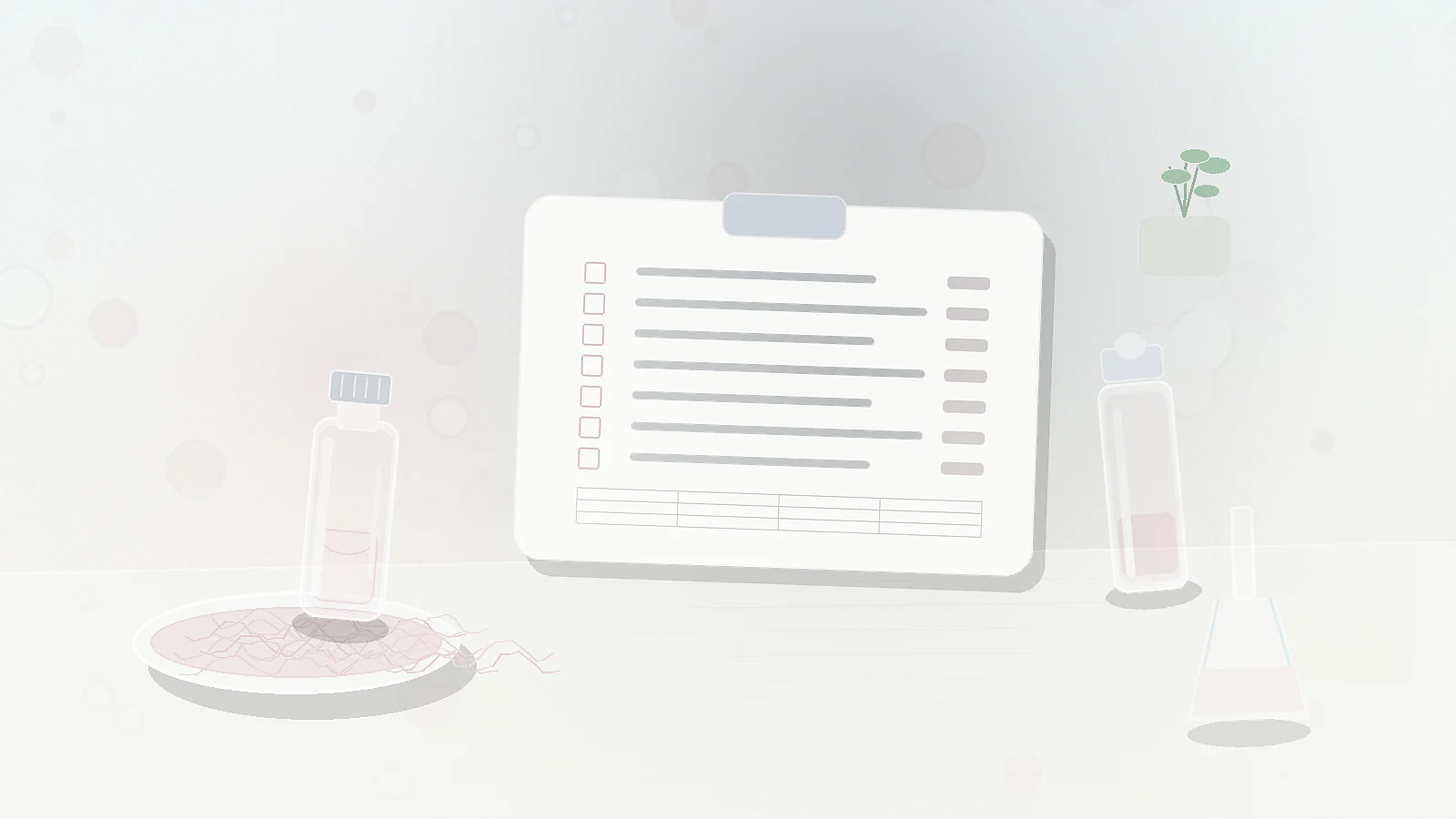 a dermatology-style research desk with a blank checklist, unbranded vial, dropper bottle, glassware, and petri dish representing Matrixyl safety context