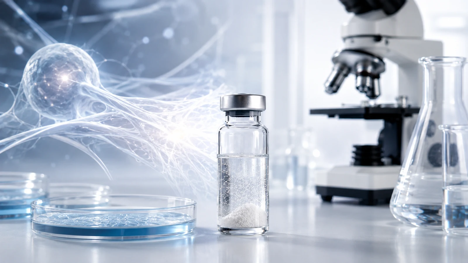 a petri dish, unbranded research vial, microscope, and glowing cellular network imagery representing NAD cellular energy and metabolism context