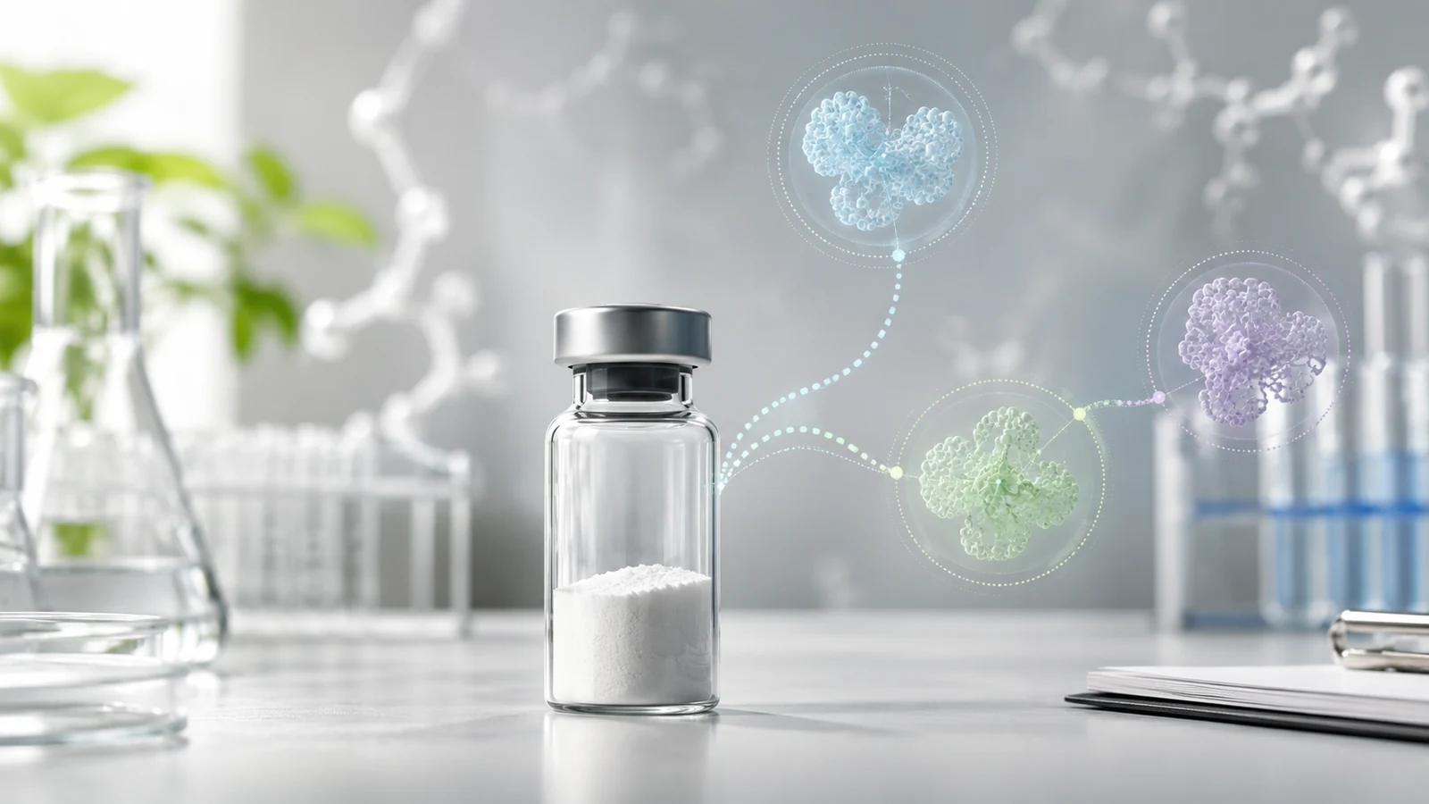 an unbranded glass research vial on a clean lab bench with abstract molecular pathway visuals representing NAD research overview in a peptide review article