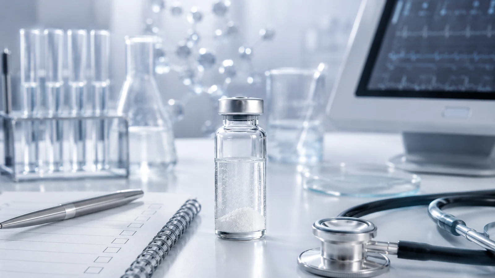 a clinical research workspace with an unbranded vial, stethoscope, notebook, and abstract monitor graph representing NAD safety and monitoring context