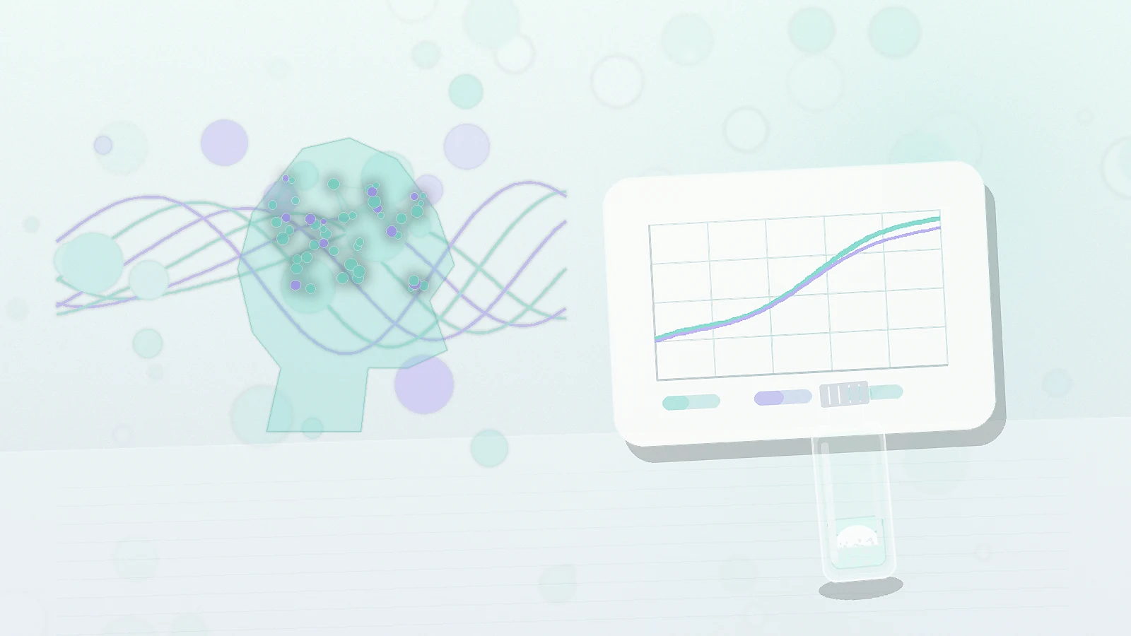 soft abstract calm-wave visuals, a non-identifiable head silhouette, a blank chart, and an unbranded vial representing Selank anxiety-related research context