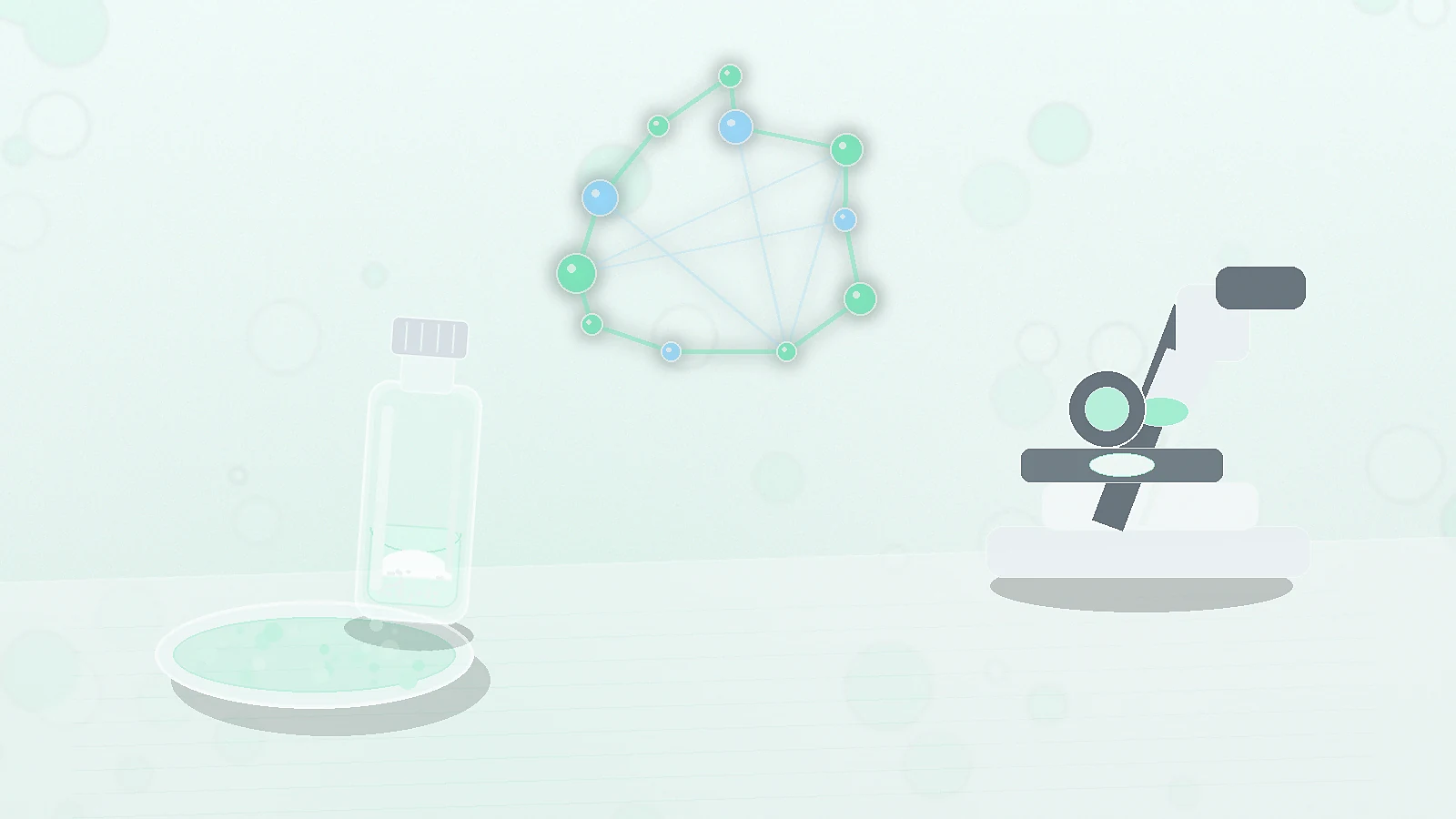 an unbranded research vial with molecular imagery, a microscope, and petri dish representing Selank research overview in the review article