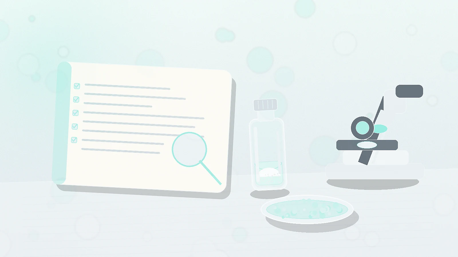 a blank clinical checklist notebook, microscope, petri dish, and unbranded vial representing Selank safety and monitoring context