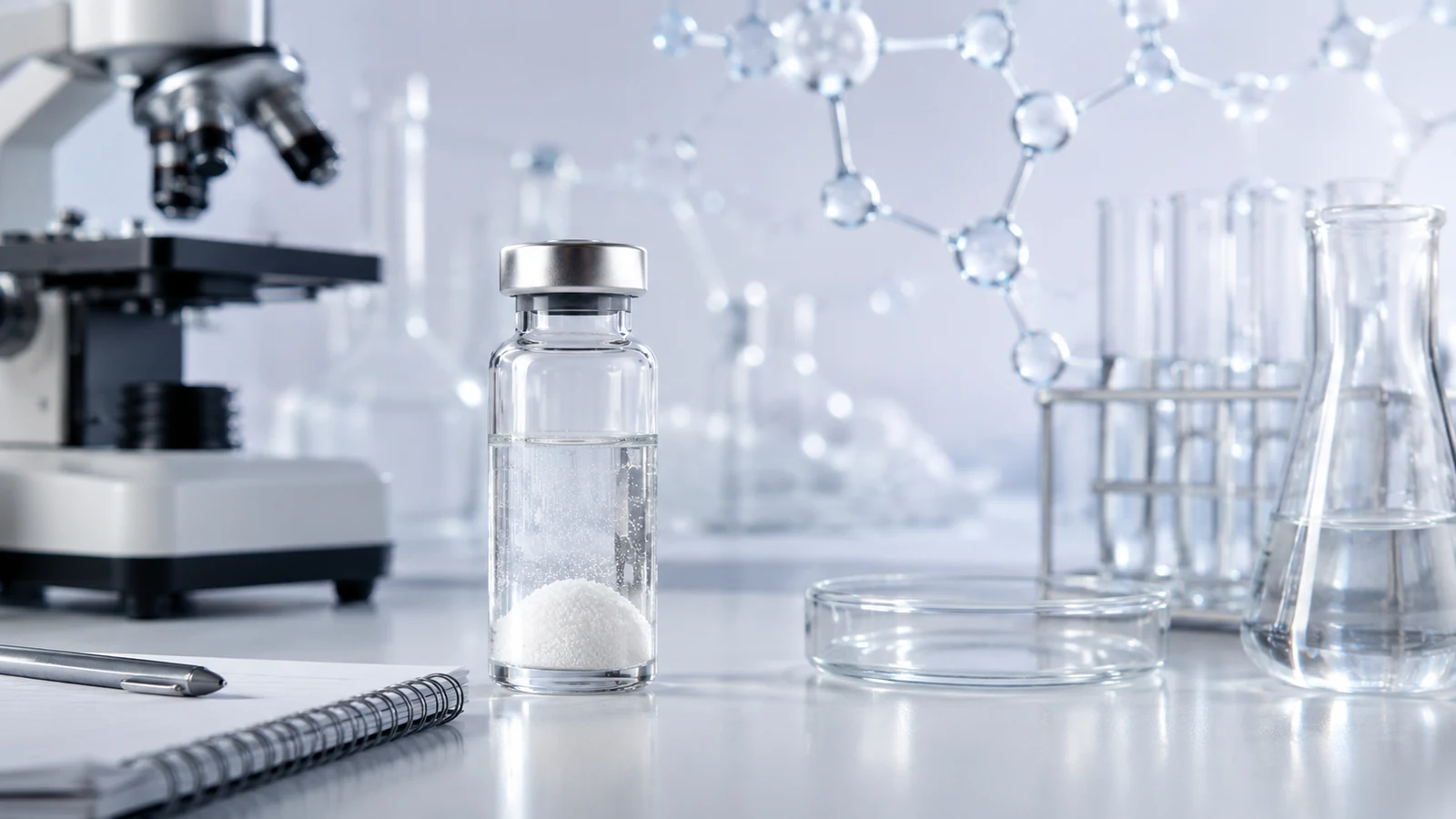 an unbranded research vial with glassware, a microscope, and molecular visuals representing semaglutide GLP-1 research overview