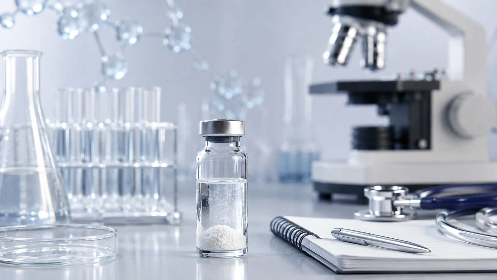 a clean laboratory workspace with an unbranded vial, microscope, notebook, and glassware representing semaglutide safety and monitoring context