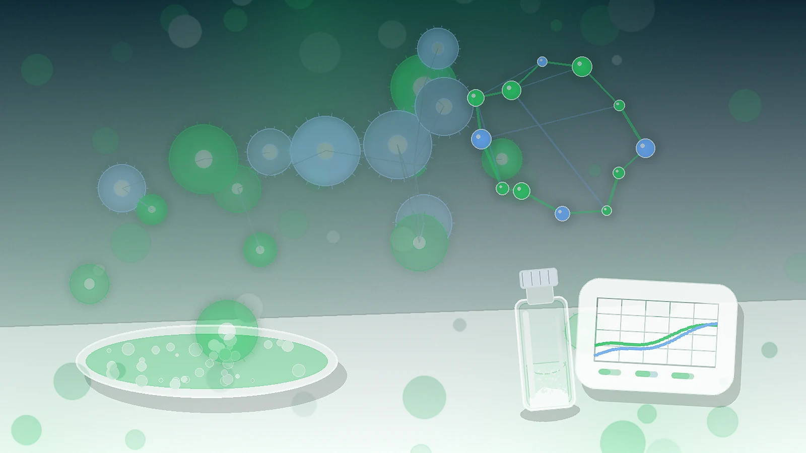 abstract immune cells, a molecular network, petri dish, chart card, and unbranded vial representing thymosin alpha-1 immune research context