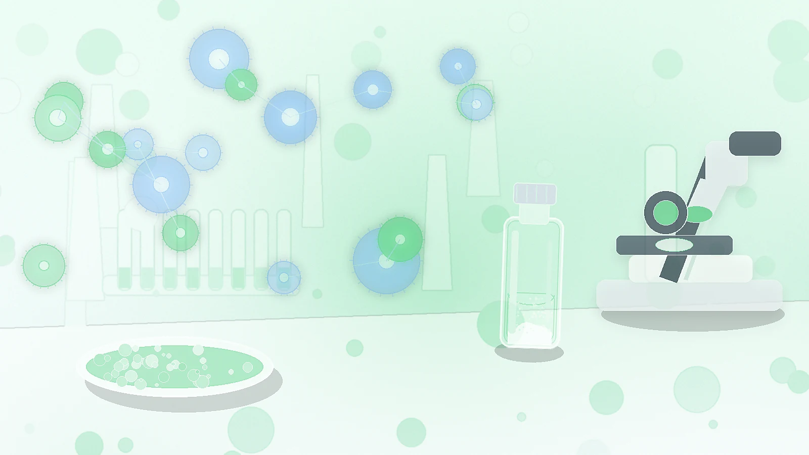 an unbranded vial beside immune-cell style visuals, a microscope, and petri dish representing thymosin alpha-1 research overview in the review article