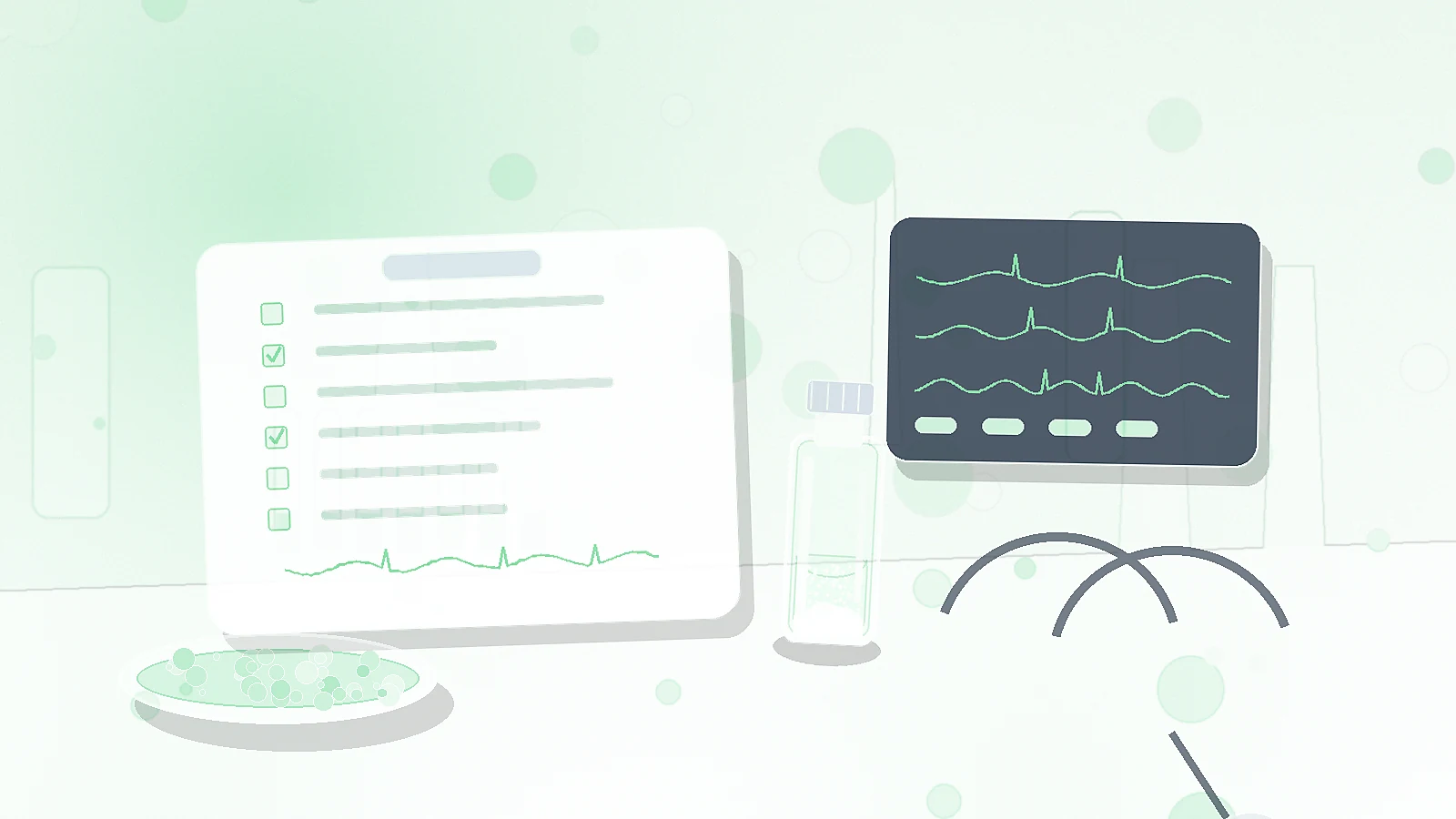 a clinical monitoring setup with a blank checklist, waveform monitor, stethoscope, petri dish, and unbranded vial representing thymosin alpha-1 safety context