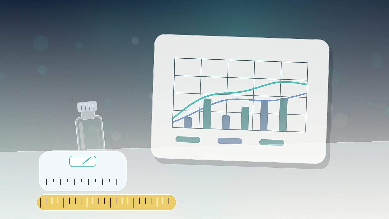 a blank clinical data chart, unmarked scale, measuring tape, and unbranded vial representing tirzepatide clinical evidence discussed in the review article