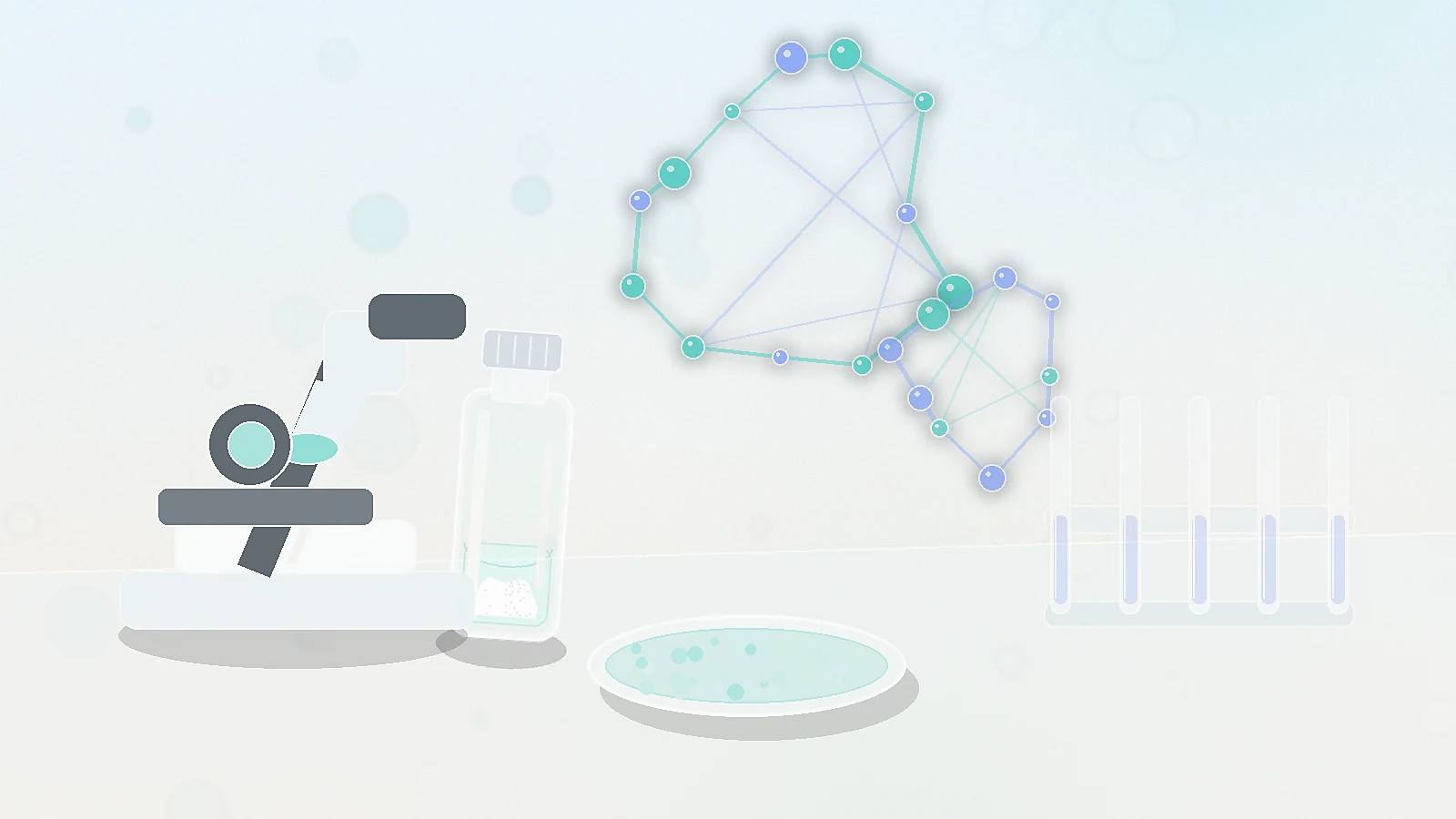 an unbranded research vial, microscope, petri dish, and two abstract molecular structures representing tirzepatide review overview context