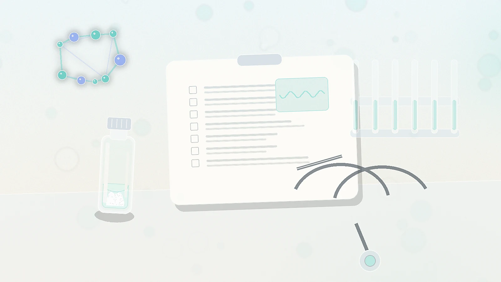a blank safety checklist, stethoscope, test tubes, and unbranded vial representing tirzepatide safety and monitoring context in the review article